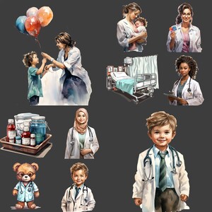 Op de afbeelding: Een aquarel-illustratie van een ziekenhuissc&egrave;ne met artsen, verpleegkundigen en pati&euml;nten. De illustratie toont een ziekenhuisbed, een arts met een stethoscoop, een verpleegkundige met een klembord en een pati&euml;nt in een ziekenhuisbed. De illustratie is in aquarelstijl en heeft een zachte, gedempte kleurenpalet.