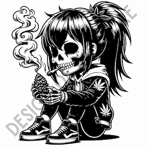 May include: Black and white illustration of a skull-faced girl with a ponytail, wearing a jacket with a marijuana leaf design, holding a marijuana bud and smoking a cigarette.