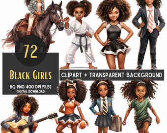 Paquete de imágenes prediseñadas de acuarela de chicas negras: Profesiones diversas (archivos PNG)