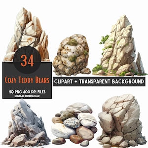 34 rotsen cliparts, stenen en rotsblokken, digitale prints, steenafbeeldingen, transparante achtergrond