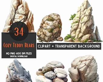 34 Rocks Cliparts, Stones and boulders, Digital Prints, Stone Graphics, Transparent Background