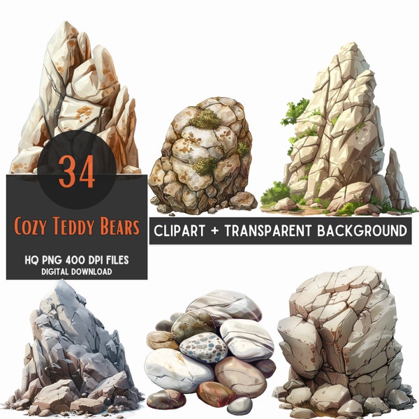 34 Rocks Cliparts, Stones and boulders, Digital Prints, Stone Graphics, Transparent Background