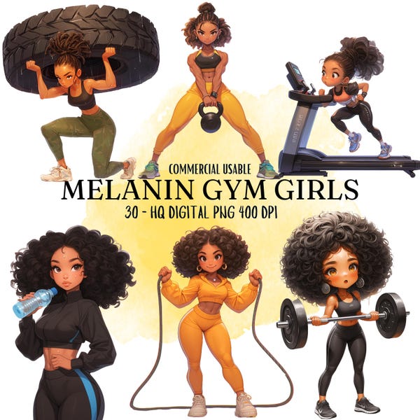 Black Girl Fitness Clipart: Kawaii Workout PNG Bundle (Digital Download)
