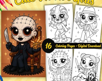 Cute Horror Girls Coloring Pages – Kawaii Movie Characters (PDF Print)