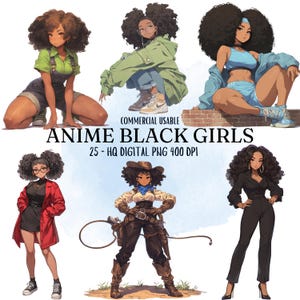 アニメの黒人の女の子 PNG、アニメ クリップアート バンドル、PNG ファイル、アニメの女の子、メラニン ガール、かわいい黒人の女の子、デジタル ダウンロード、商用利用