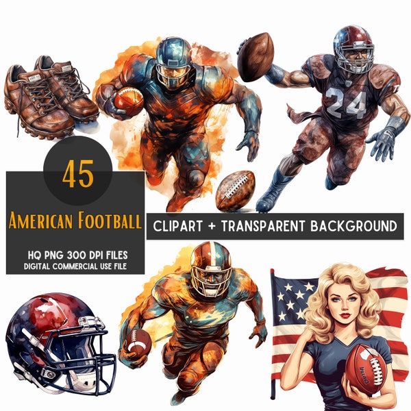 45 American Football Png, Fußball Clipart, Fußballer, Aquarell Clipart Bundle, Png-Dateien, kommerzielle Nutzung