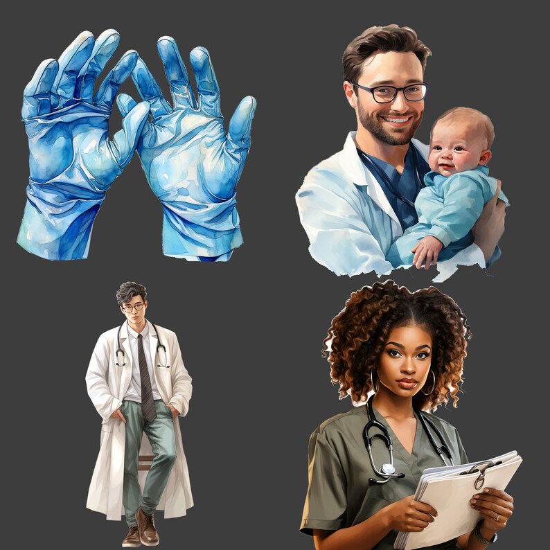 Op de afbeelding: Een aquarel-illustratie van vier mensen die medische schorten dragen. Twee van de mensen dragen blauwe handschoenen. Een persoon houdt een baby vast. Een persoon houdt een klembord vast.