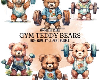 Gym Teddy Bear Clipart Bundle: Watercolor Weightlifting Designs (Commercial Use)