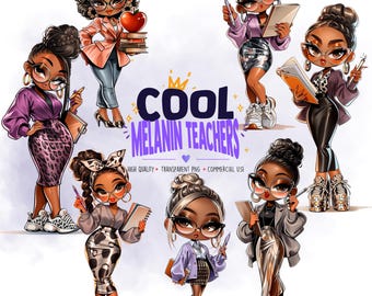Cool Teacher Clipart Bundle, Black Teacher PNG, Stylish Teacher Life Clipart, Classroom PNG, Teacher Stickers