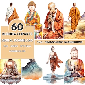 60 Watercolor Buddha Clipart Bundle: Buddhism PNG Files (300 DPI)