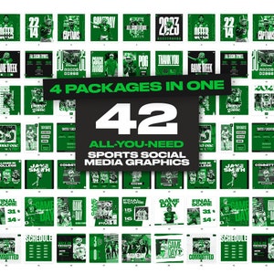 May include: A collage of 42 green and white sports social media graphics. The graphics feature various sports-related themes, including game day, tryouts, and player highlights. The text "42 All-You-Need Sports Social Media Graphics" is displayed in large, bold letters.