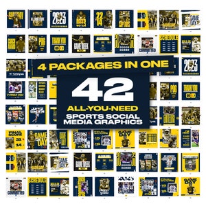 42 Sports Social Media Canva Templates Navy and Gold - 4 Packages - Professional Customizable Graphics - Gameday, Tryouts, Flyer, Committed