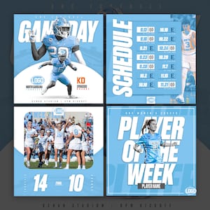 Professionele Photoshop Sports-sjablonen voor sociale media/Instagram - wedstrijddag, eindscore, planningsontwerpen - aanpasbare afbeeldingen/flyers