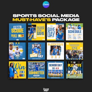 Professionele Canva-sportsjablonen - 12 aanpasbare graphics voor sociale media - wedstrijddag, eindscore, toegewijd, schema, seniorenavond