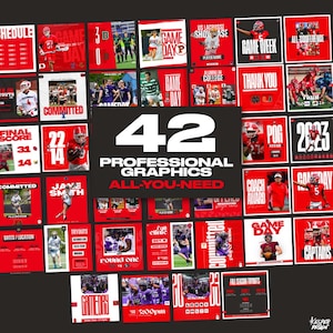 May include: A collage of 42 professional graphics for sports teams, featuring red and black colour schemes. The graphics include team logos, player names, game day announcements, and motivational quotes. The text "42 Professional Graphics All-You-Need" is prominently displayed in the centre.