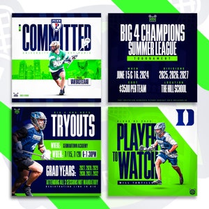 Op de afbeelding: Vier verschillende promotiegraphics voor een lacrosseteam. De eerste graphic is groen en zwart met de tekst "Committed" en "University of Pennsylvania" en een lacrosse-speler in een wit en groen uniform. De tweede graphic is groen en zwart met de tekst "Big 4 Champions Summer League Tournament" en de tekst "June 15 & 16, 2024" en "€ 3.500 per team". De derde graphic is groen en zwart met de tekst "Big 4 Hun Boys Tryouts" en de tekst "Germantown Academy" en "7/15, 7/20 6-7:30pm". De vierde graphic is groen en zwart met de tekst "Class of 2025 Player to Watch" en de tekst "Will Tantillo".
