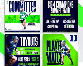 Pro-Level Photoshop Sports Social Media Vorlagen - Committed, Tryouts, Tournament, Player Spotlight, Annoucement Poster