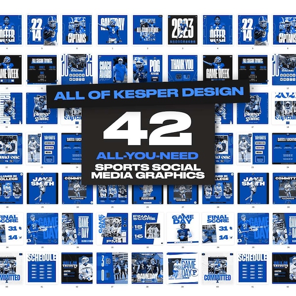 42 Sports Social Media Canva Templates BLUE - All of Kesper Design - Professional Customizable Graphics - Gameday, Tryouts, Flyer, Committed