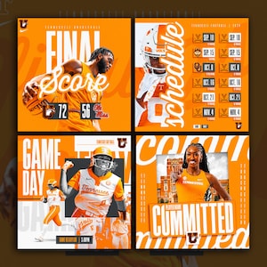 Peut inclure: Un collage de quatre images promouvant les sports du Tennessee. L'image en haut à gauche montre un joueur de basket-ball avec le score final d'un match, 72 à 56. L'image en haut à droite montre un joueur de football américain avec un calendrier de matchs. L'image en bas à gauche montre une joueuse de softball avec le texte "Game Day" et le texte "Home vs Baylor 3:00PM". L'image en bas à droite montre une athlète d'athlétisme avec le texte "Committed".