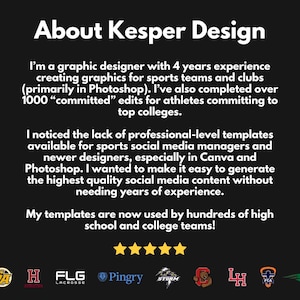 Op de afbeelding: Zwarte afbeelding met witte tekst. De tekst luidt "About Kesper Design" en beschrijft een grafisch ontwerper met 4 jaar ervaring in het maken van graphics voor sportteams en -clubs, en sjablonen voor sociale media.