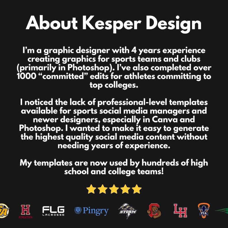 Op de afbeelding: Zwarte afbeelding met witte tekst. De tekst luidt "About Kesper Design" en beschrijft een grafisch ontwerper met 4 jaar ervaring in het maken van graphics voor sportteams en -clubs, en sjablonen voor sociale media.