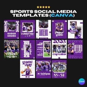 May include: A set of purple and white sports social media templates. The templates feature text including "Gameday", "Round One", and "Captains". The designs incorporate images of football players and game-related graphics.