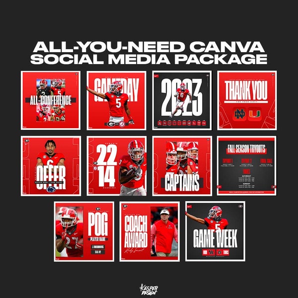 Professional Sports Team Canva Instagram Templates - 11 Graphics - Gameday, Committed, Tryouts, etc - Football, Soccer, Lacrosse, Basketball