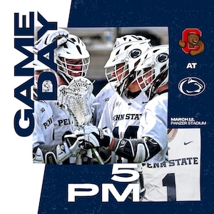 Op de afbeelding: Afbeelding ter promotie van een lacrosse-wedstrijd. De afbeelding toont spelers in witte uniformen met de tekst "PENN STATE" en "BIG" op hun shirts. De wedstrijddetails omvatten "GAME DAY", "AT" en "MARCH 12, PANZER STADIUM."