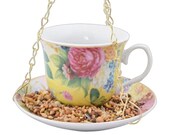 Beautiful Ceramic Tea Cup and Saucer hanging bird feeder - A delightful gift for gardeners, tea lovers or bird watchers Yellow & White