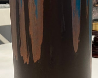 Beautiful 12 inch tall brown and turquoise painted glass vase