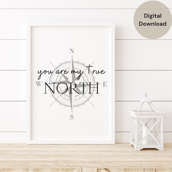 You Are My True North, Printable Quote, Shadow And Bone Art, Beach House Decor, Anniversary Gift, Compass Art, Digital Item