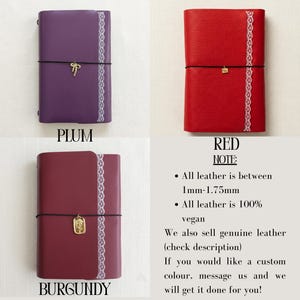 May include: Three rectangular journals in plum, red, and burgundy, each featuring a vertical white lace trim, a black elastic closure, and a gold-toned charm. The text notes that the vegan leather thickness is between 1mm and 1.75mm.