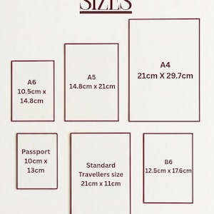 May include: A size chart titled SIZES displaying six rectangular outlines with labels and dimensions in inches: A6 4.13 x 5.83 inches, A5 5.83 x 8.27 inches, A4 8.27 x 11.69 inches, Passport 3.94 x 5.12 inches, Standard Travellers 8.27 x 4.33 inches, and B6 4.92 x 6.93 inches.