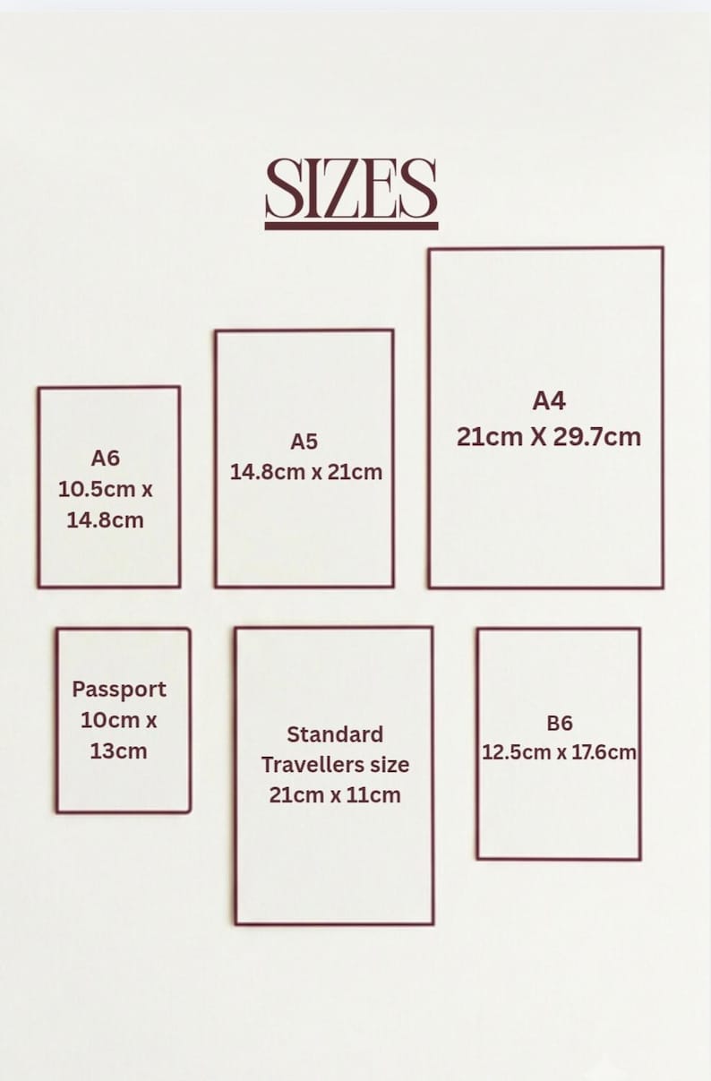 May include: A size chart titled SIZES displaying six rectangular outlines with labels and dimensions in inches: A6 4.13 x 5.83 inches, A5 5.83 x 8.27 inches, A4 8.27 x 11.69 inches, Passport 3.94 x 5.12 inches, Standard Travellers 8.27 x 4.33 inches, and B6 4.92 x 6.93 inches.
