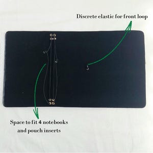 May include: A black rectangular notebook cover featuring an internal system of thin black elastic cords secured by metal eyelets. The interior includes a discrete elastic for a front loop and space to fit 4 notebooks and pouch inserts.