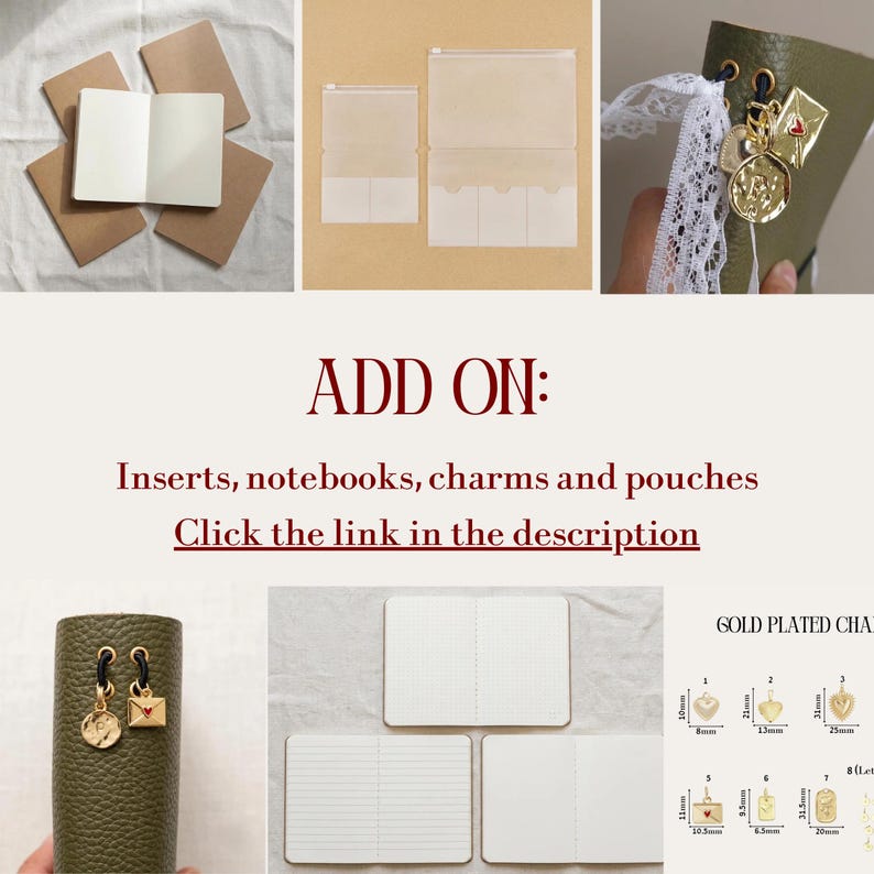 May include: A collection of stationery accessories including brown paper notebooks, translucent plastic zipper pouches, and gold-plated metal charms with heart details. The image features text: ADD ON: Inserts, notebooks, charms and pouches. Click the link in the description.