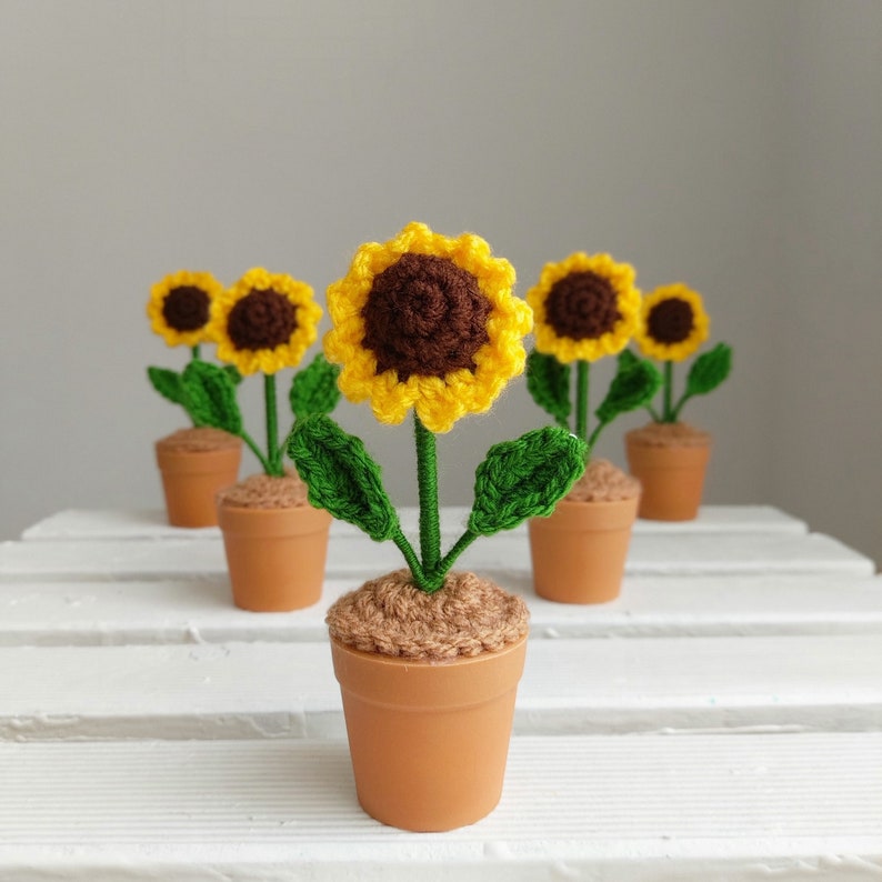 Crochet Flower In Pot Desk Decor Crochet Plant Pot Gift For Mum Crochet Potted Sunflower Gift Desk Accessories Fake Plants Flower Home Decor