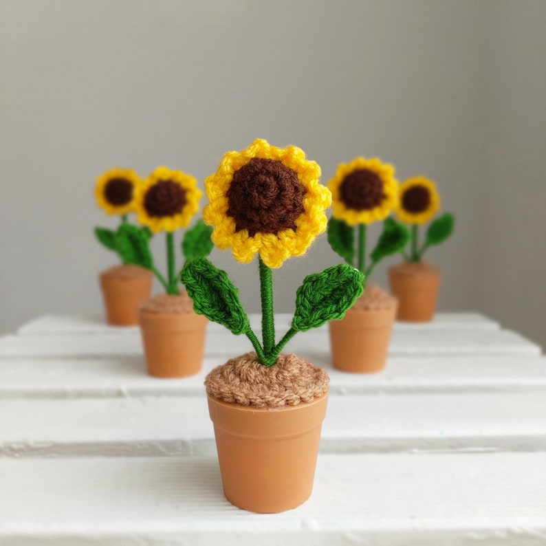 Crochet Flower In Pot Desk Decor Crochet Plant Pot Gift For Mum Crochet Potted Sunflower Gift Desk Accessories Fake Plants Flower Home Decor