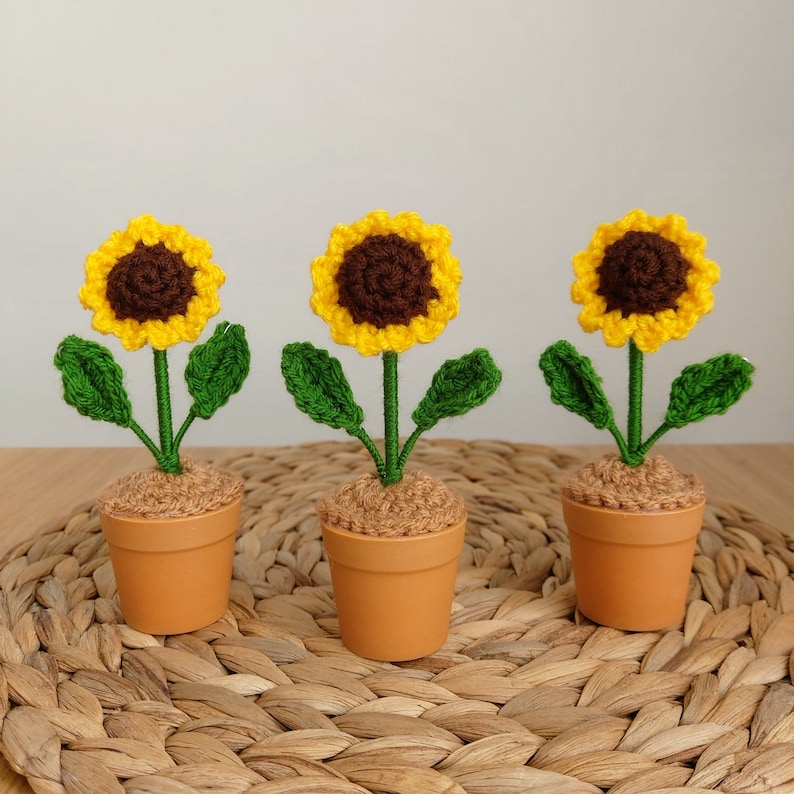 Crochet Flower In Pot Desk Decor Crochet Plant Pot Gift For Mum Crochet Potted Sunflower Gift Desk Accessories Fake Plants Flower Home Decor