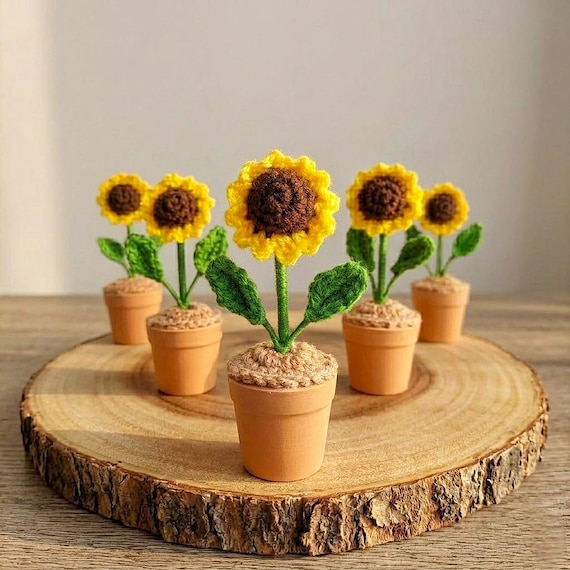 Crochet Flower In Pot Desk Decor Crochet Plant Pot Gift For Mum Crochet Potted Sunflower Gift Desk Accessories Fake Plants Flower Home Decor