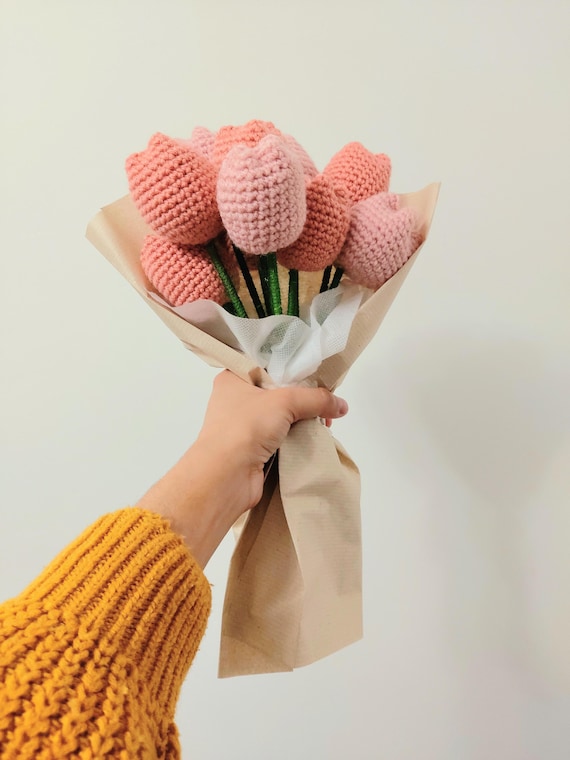 Crochet Flower Tulip Birthday Gift Knitted Flower Bouquet Bday Gift Crochet Tulip Bouquet Gift For Graduation Flower Bunch Handmade Flowers