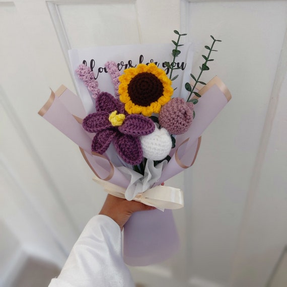 Crochet Flower Bouquet Gift For Her Crochet Bouquet Of Flower Bday Gift Crochet Sunflower Bouquet Gift For Mum Crochet Tulip Crochet Purple