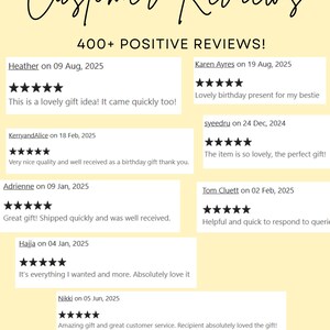 May include: A light yellow graphic with the words "Customer Reviews" in a cursive font. The text "400+ POSITIVE REVIEWS!" is displayed. Customer reviews with 5-star ratings are shown, along with the text "STAR SELLING STORE WITH 400+ POSITIVE REVIEWS!"