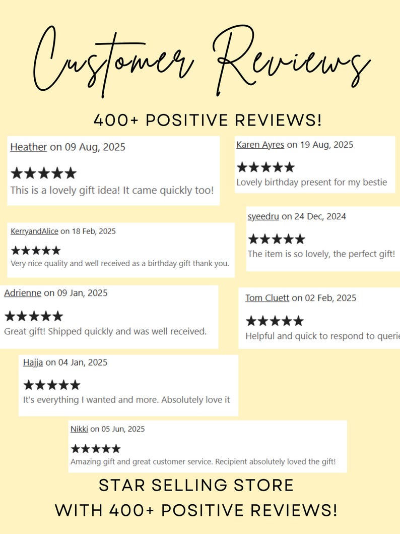 May include: A light yellow graphic with the words "Customer Reviews" in a cursive font. The text "400+ POSITIVE REVIEWS!" is displayed. Customer reviews with 5-star ratings are shown, along with the text "STAR SELLING STORE WITH 400+ POSITIVE REVIEWS!"