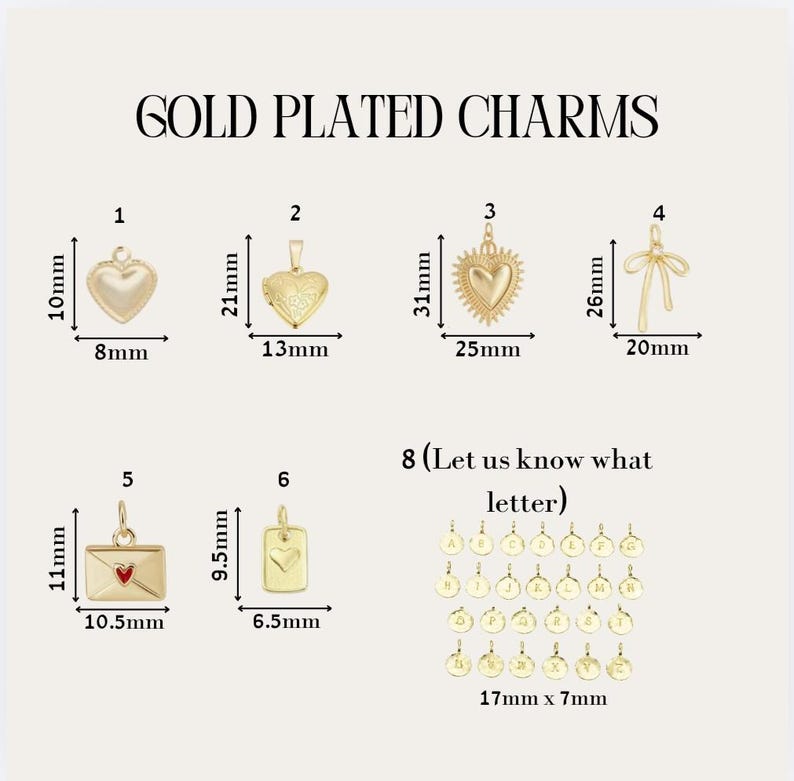 May include: A collection of gold plated charms labeled GOLD PLATED CHARMS. The set includes a heart, locket, sunburst heart, bow, envelope with a red heart, rectangular tag, and alphabet letter discs, each with specific metric dimensions.