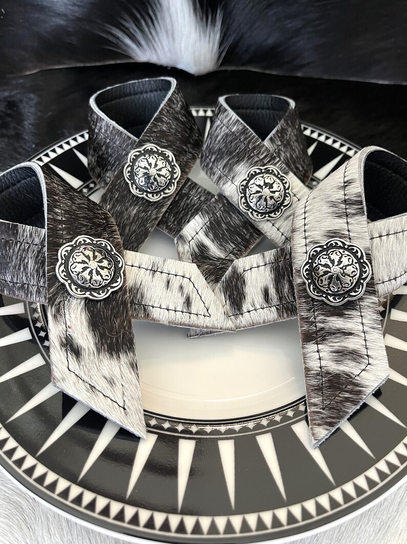 Black White Cowhide & Conchos Napkin Rings Etsy