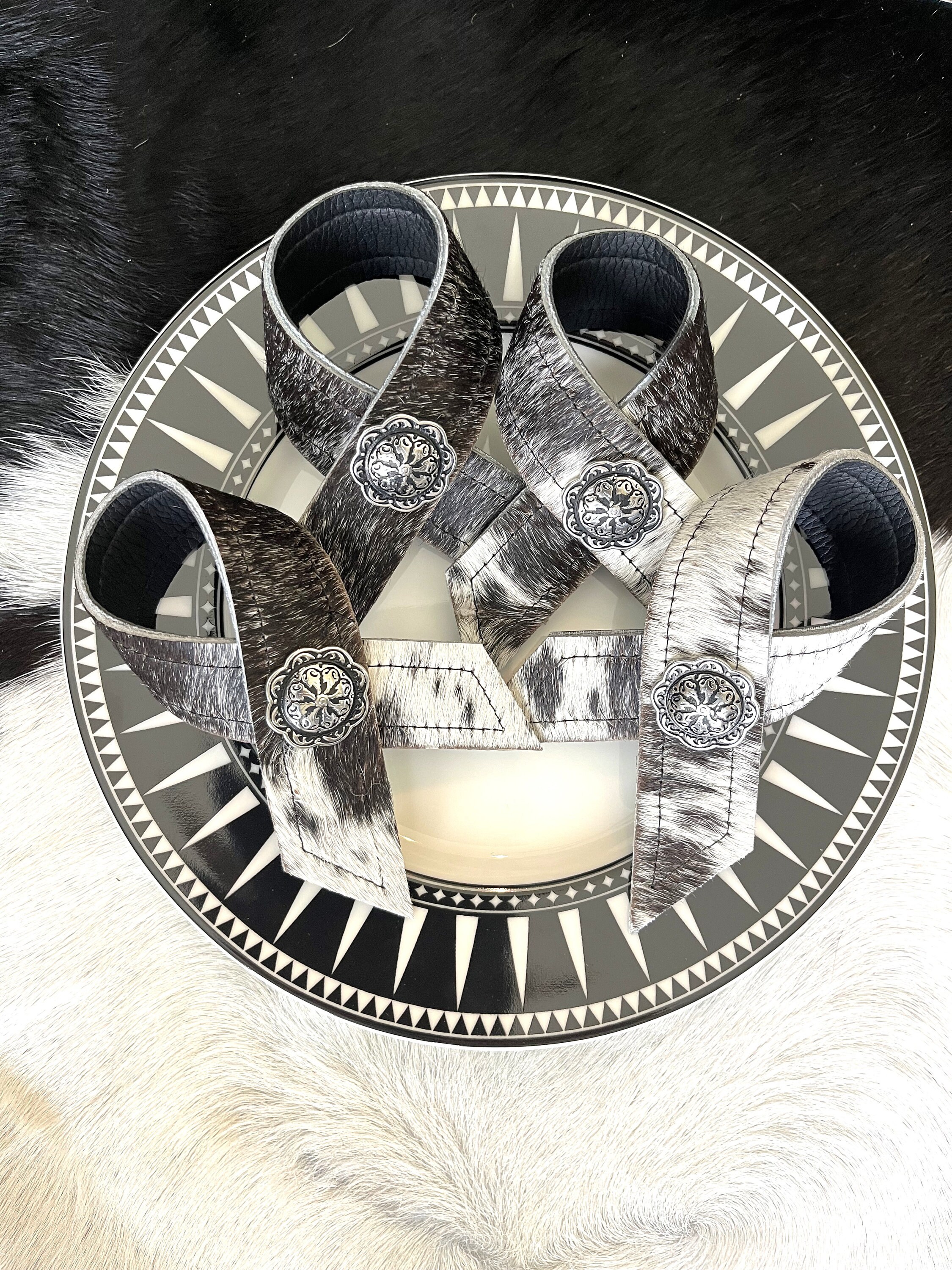 Black White Cowhide & Conchos Napkin Rings Etsy