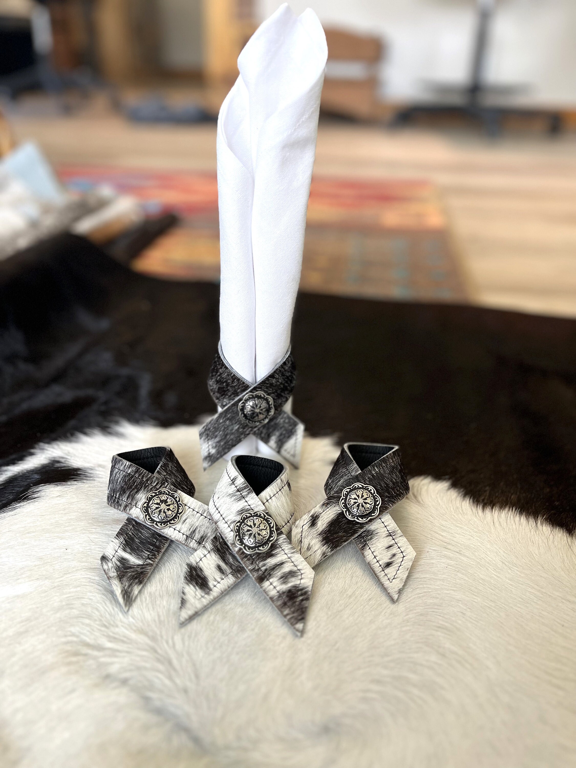 Black White Cowhide & Conchos Napkin Rings Etsy