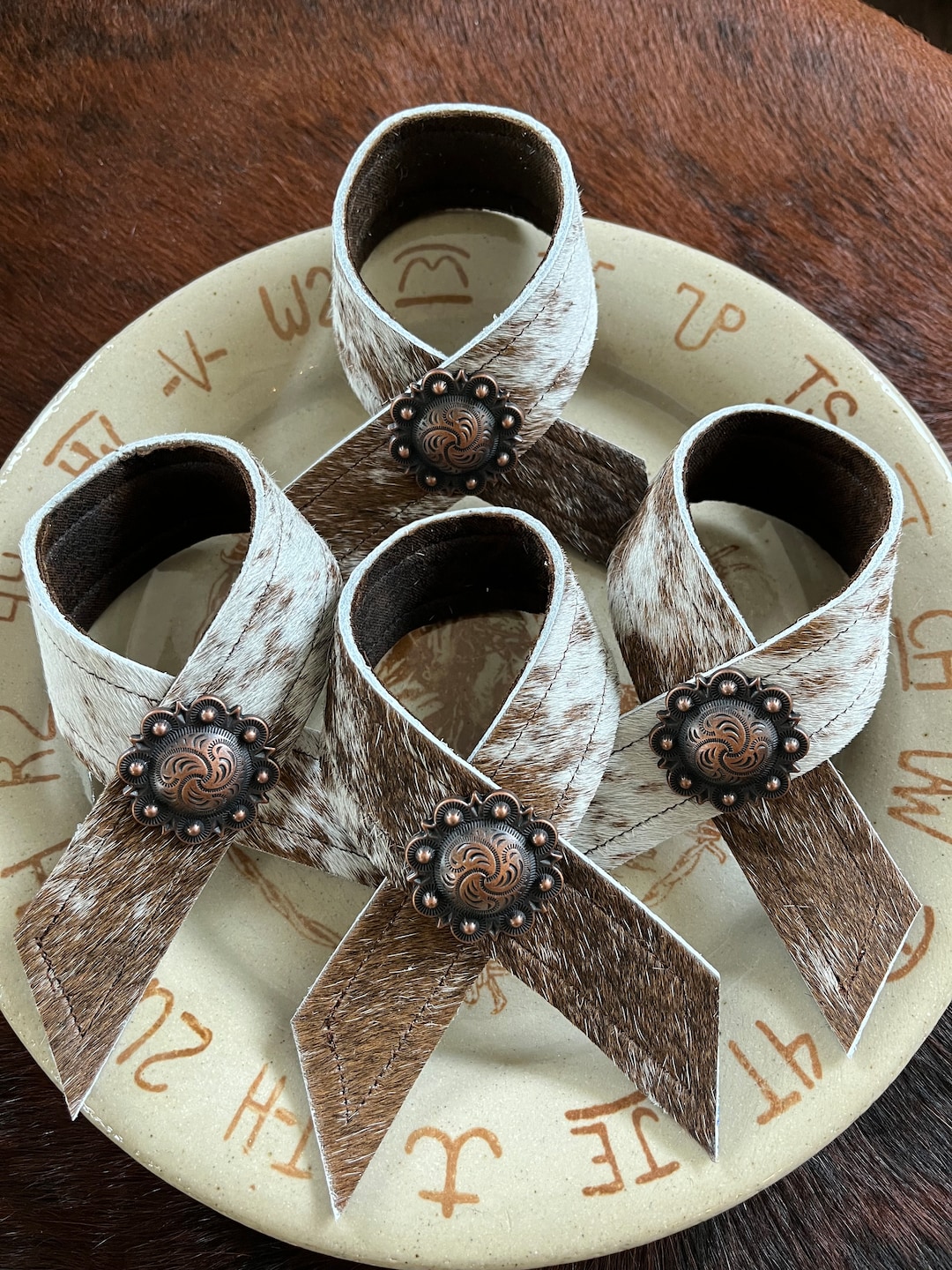 Peppered Brown White Cowhide Concho Napkin Rings Etsy