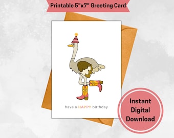 Tarjeta de cumpleaños imprimible, tarjeta de cumpleaños de avestruz, tarjeta de cumpleaños linda, tarjetas imprimibles, imprimibles, digitales, descargar, para cualquier persona, tarjeta de cumpleaños
